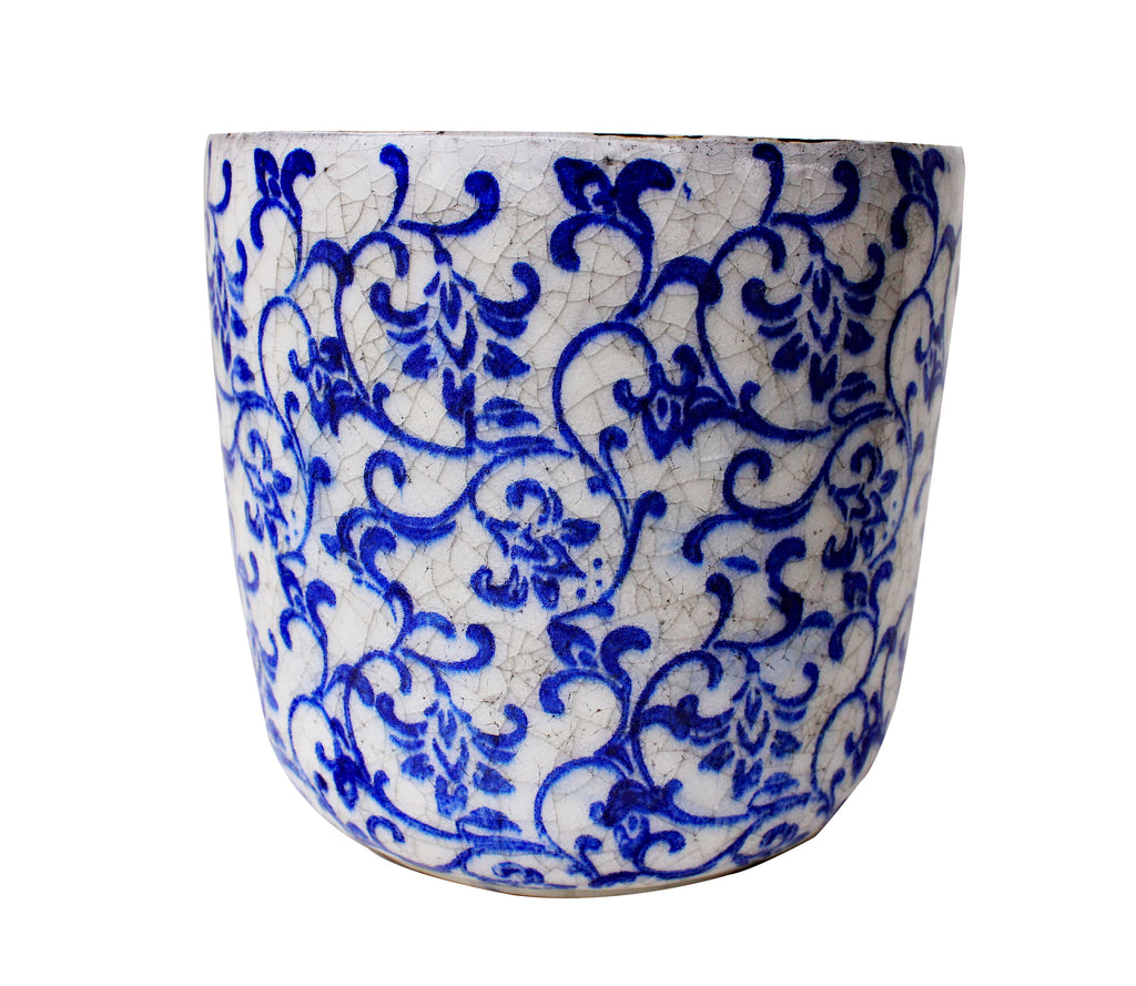 Old World Ceramic Blue and White Flower Pattern Cylindrical Planters