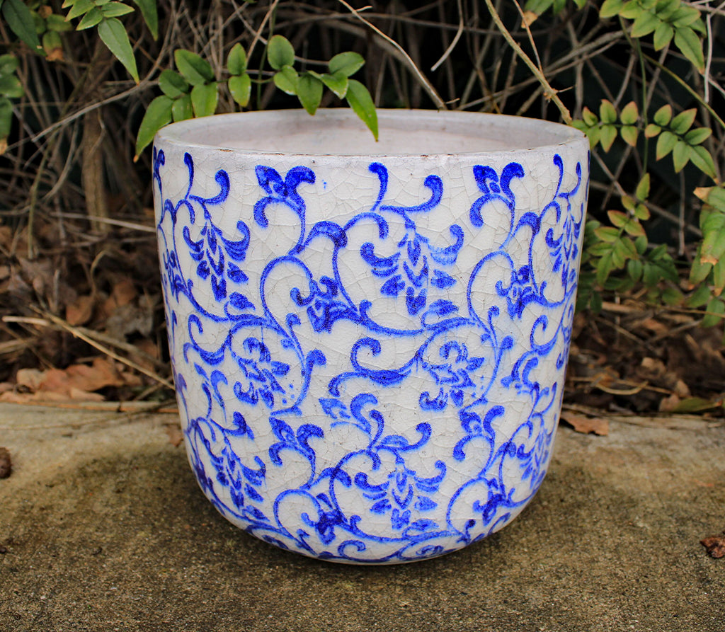 Old World Ceramic Blue and White Flower Pattern Cylindrical Planters