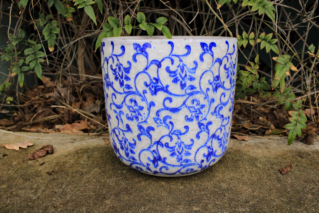 Old World Ceramic Blue and White Flower Pattern Cylindrical Planters