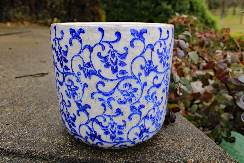 Old World Ceramic Blue and White Flower Pattern Cylindrical Planters