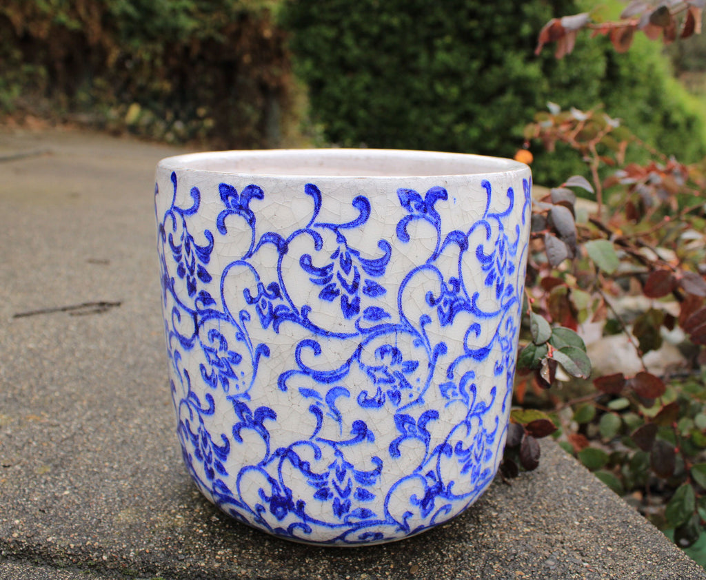 Old World Ceramic Blue and White Flower Pattern Cylindrical Planters