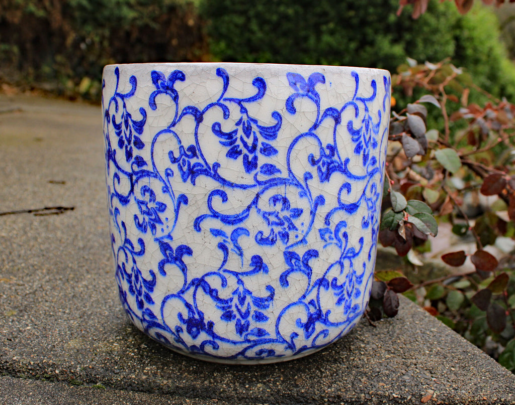 Old World Ceramic Blue and White Flower Pattern Cylindrical Planters