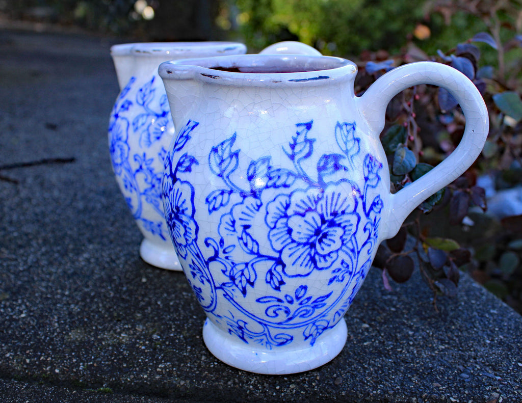 Set of 2 Old World Ceramic Blue and White Flower Pitcher Shaped Planters