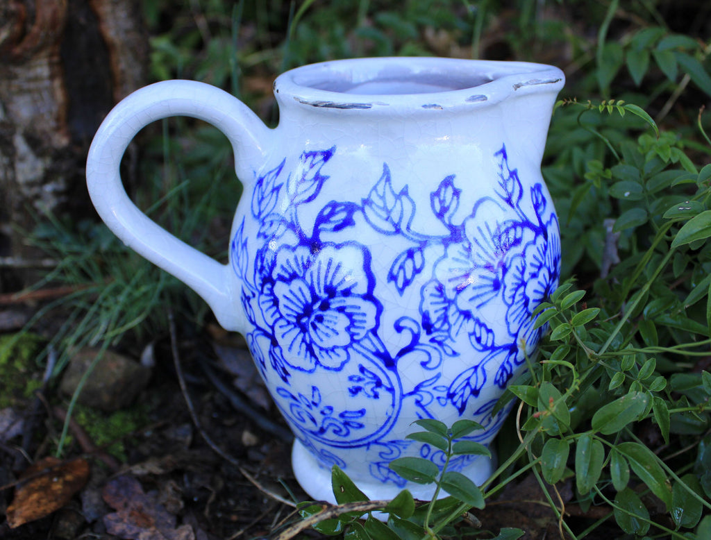 Set of 2 Old World Ceramic Blue and White Flower Pitcher Shaped Planters