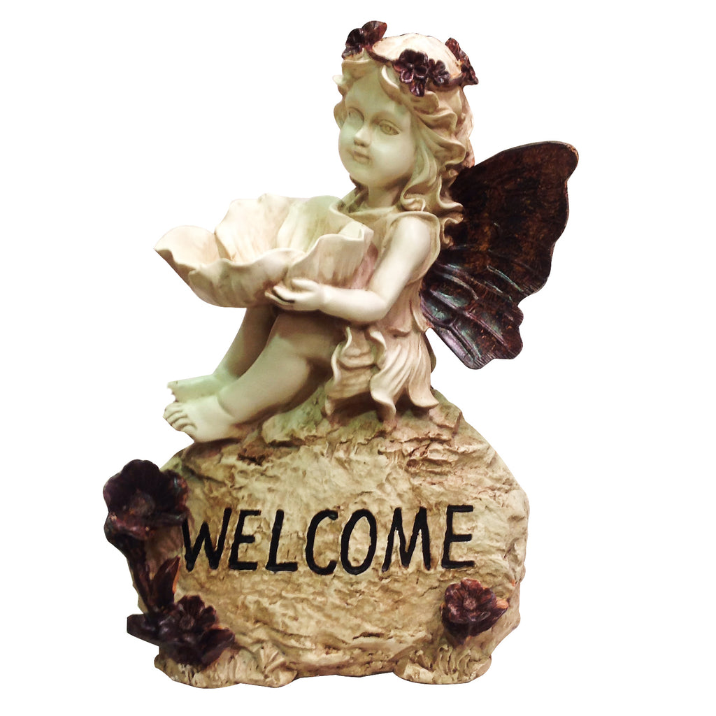 Poly Resin Little Cherub Girl Angel Sitting Atop a 'Welcome' Sign