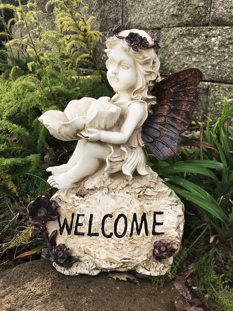 Poly Resin Little Cherub Girl Angel Sitting Atop a 'Welcome' Sign