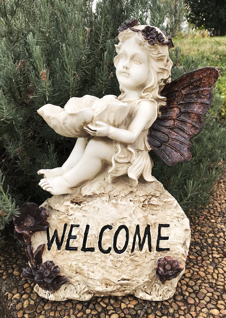 Poly Resin Little Cherub Girl Angel Sitting Atop a 'Welcome' Sign