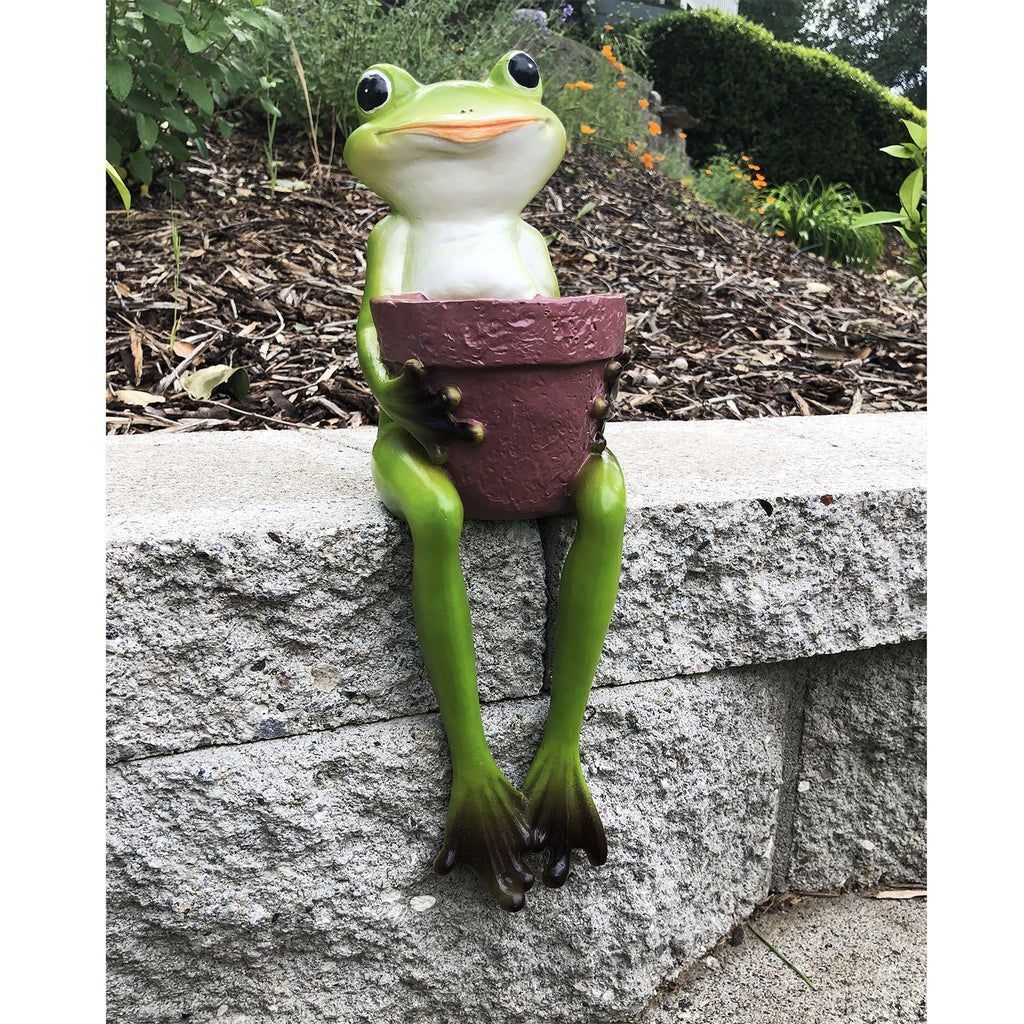 Cute Resin Sitting Frog Holding a Garden Pot for Indoor and Outdoor use