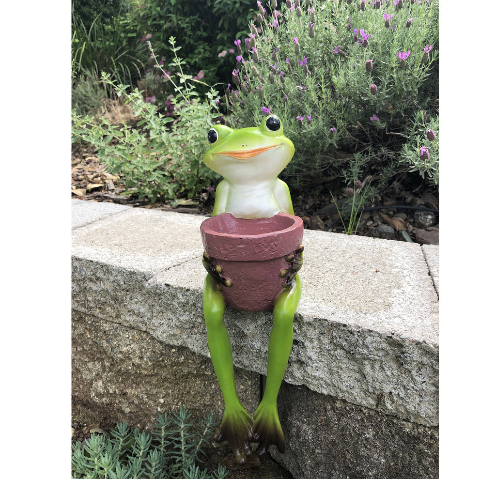 Cute Resin Sitting Frog Holding a Garden Pot for Indoor and Outdoor use
