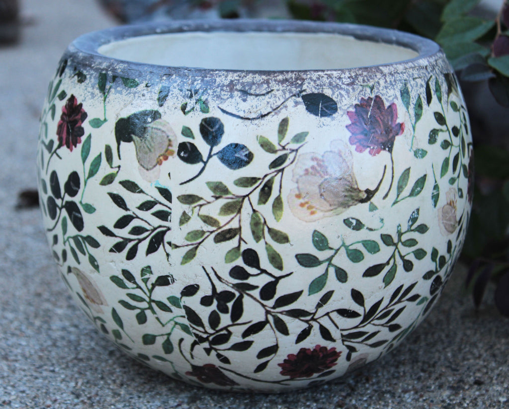 Old World Ceramic Blue and White /Red and Green Asian Floral Round Planter or Garden Pot