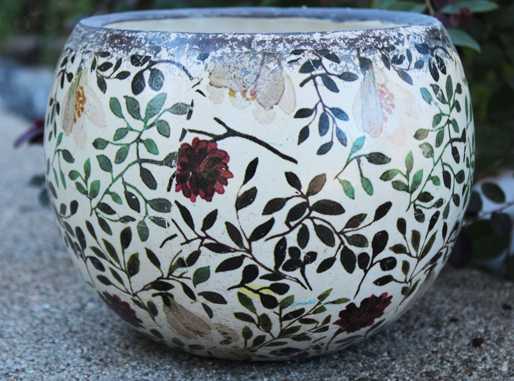 Old World Ceramic Blue and White /Red and Green Asian Floral Round Planter or Garden Pot