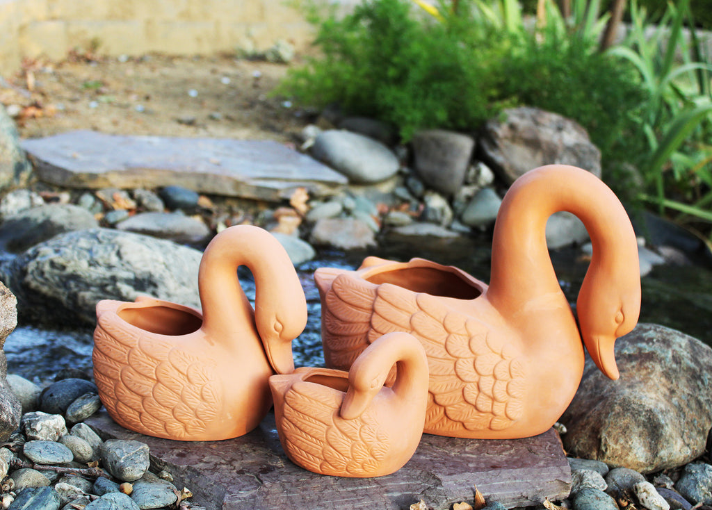 Elegant Natural Terracotta Family Theme Swan Planters.