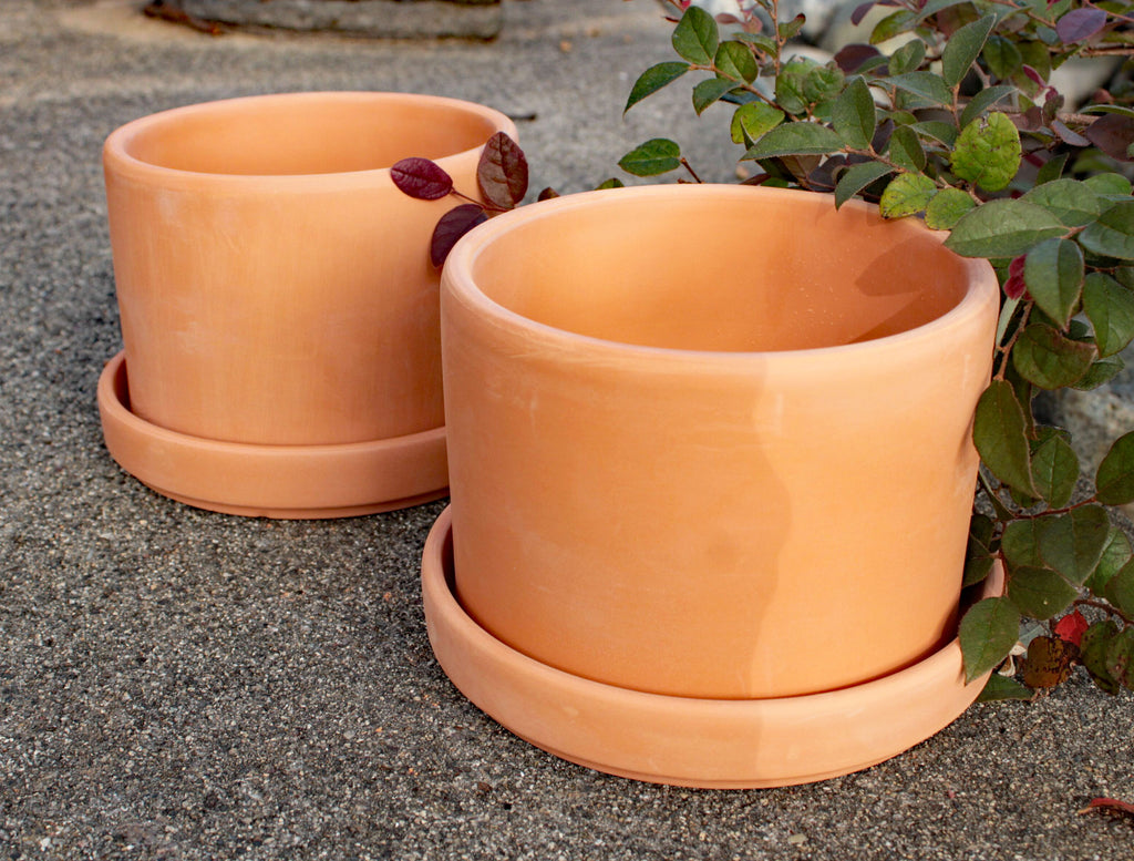 Set of 2 Natural Terracotta Round Fat Walled Garden Planters with Individual Trays. (Large Size)