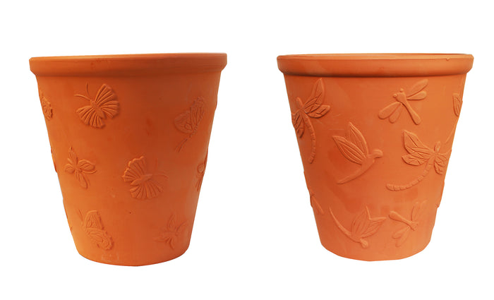 Large Set of 2 Natural Terracotta Garden Pots Butterfly and Dragonfly Embellished