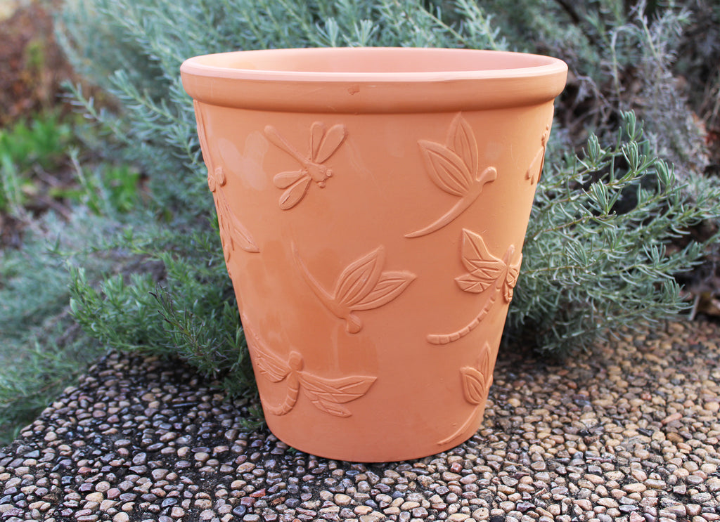 Large Set of 2 Natural Terracotta Garden Pots Butterfly and Dragonfly Embellished