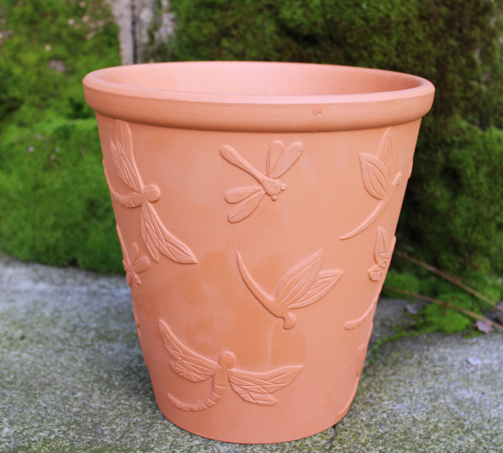 Large Set of 2 Natural Terracotta Garden Pots Butterfly and Dragonfly Embellished