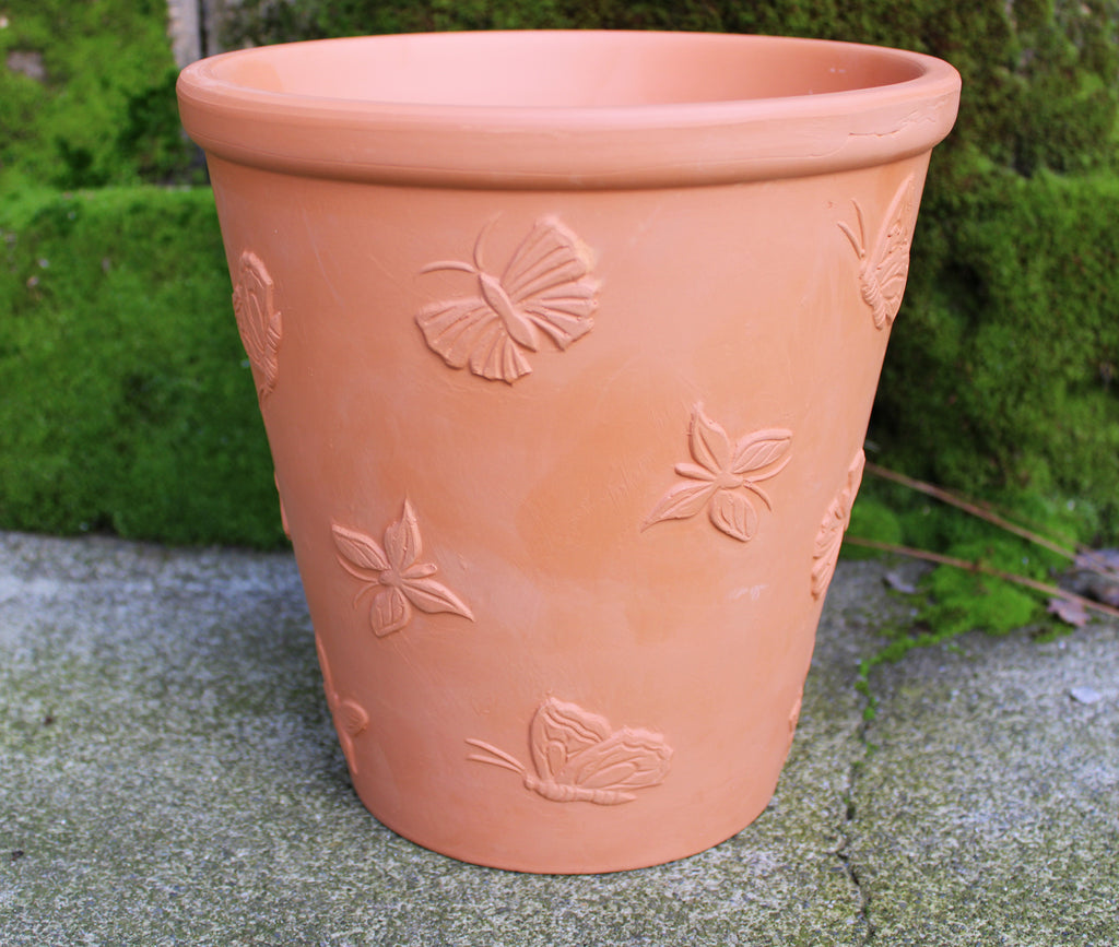 Large Set of 2 Natural Terracotta Garden Pots Butterfly and Dragonfly Embellished