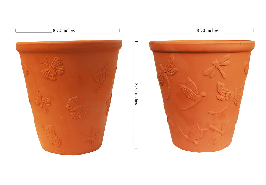 Large Set of 2 Natural Terracotta Garden Pots Butterfly and Dragonfly Embellished