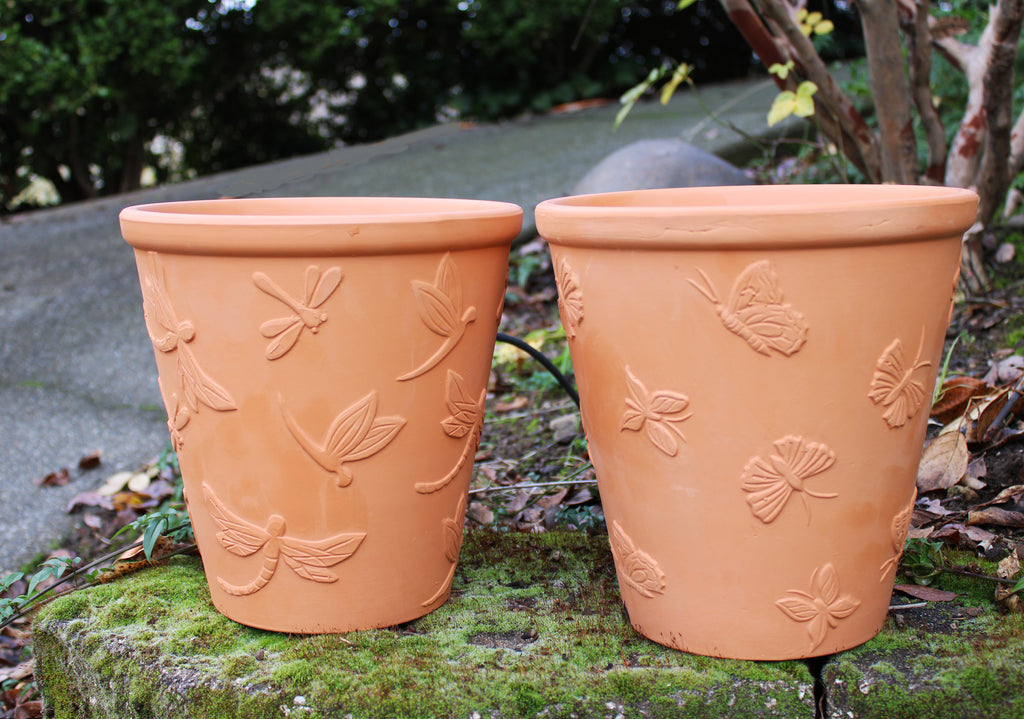 Large Set of 2 Natural Terracotta Garden Pots Butterfly and Dragonfly Embellished