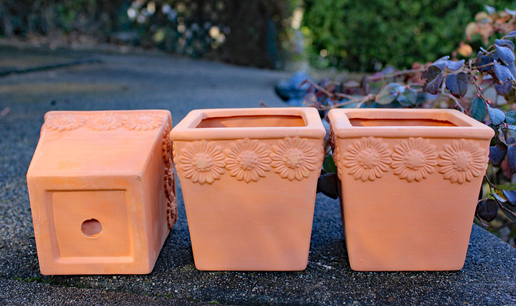 Set of 3 Natural Terra Cotta Flower Embellished Square Shaped Garden Planters with Drain Holes