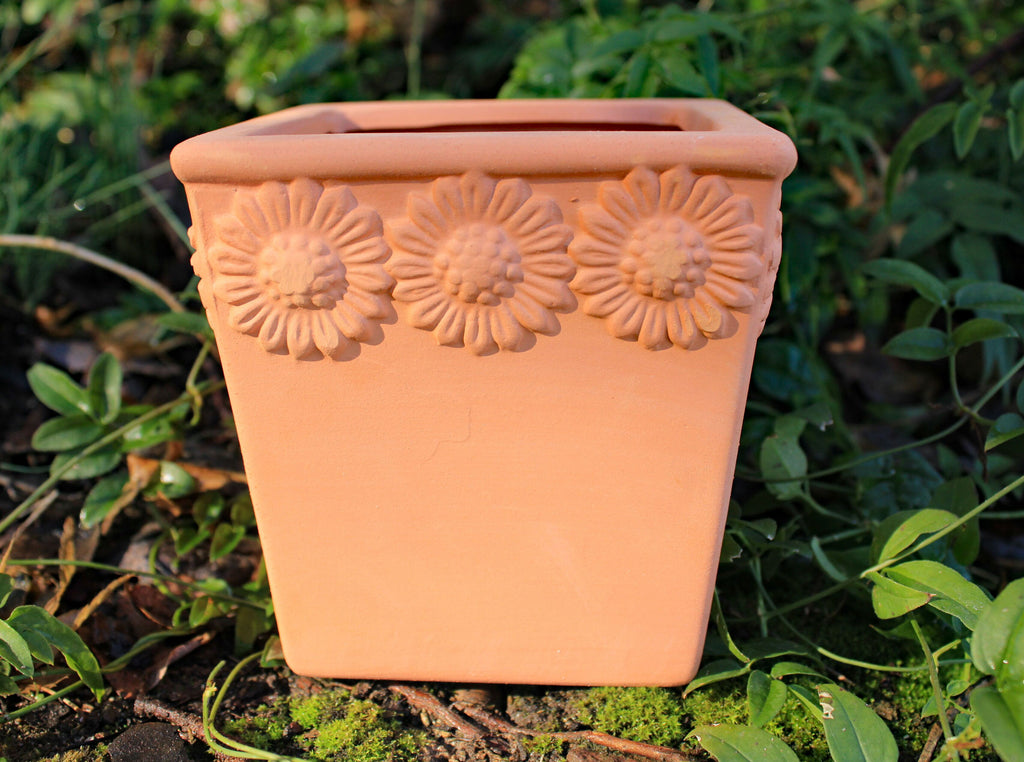 Set of 3 Natural Terra Cotta Flower Embellished Square Shaped Garden Planters with Drain Holes