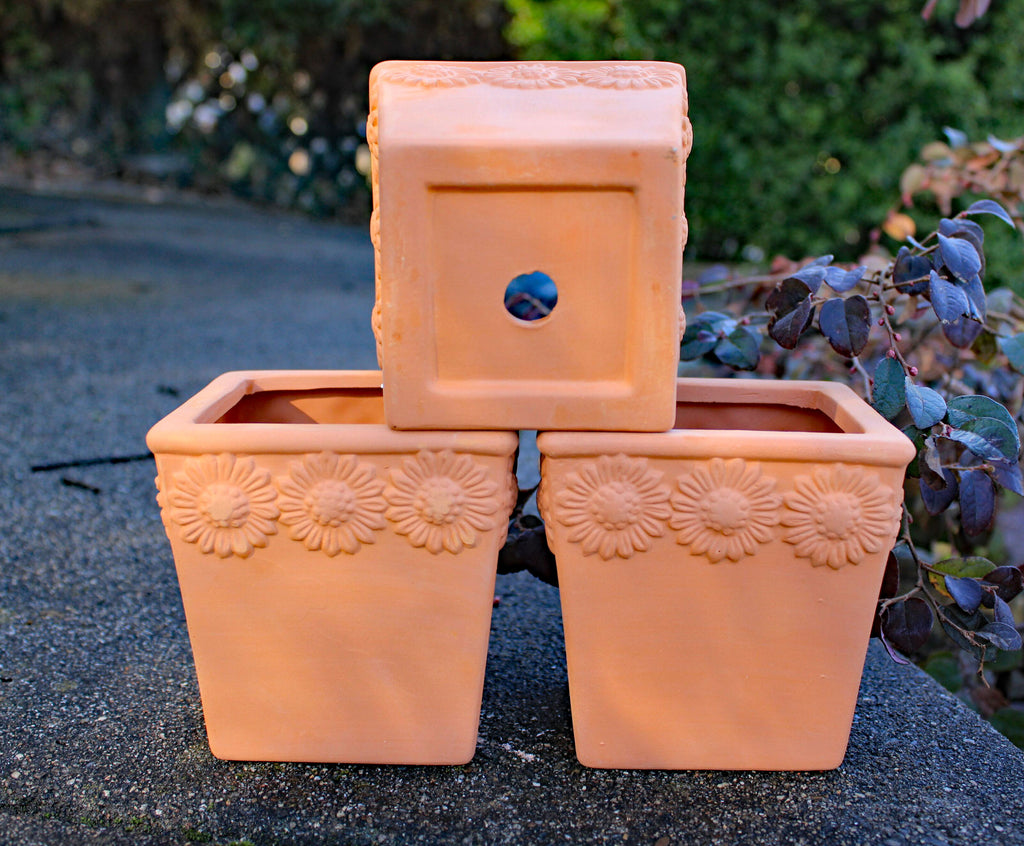 Set of 3 Natural Terra Cotta Flower Embellished Square Shaped Garden Planters with Drain Holes