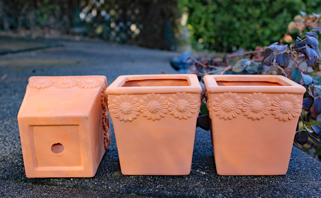 Set of 3 Natural Terra Cotta Flower Embellished Square Shaped Garden Planters with Drain Holes