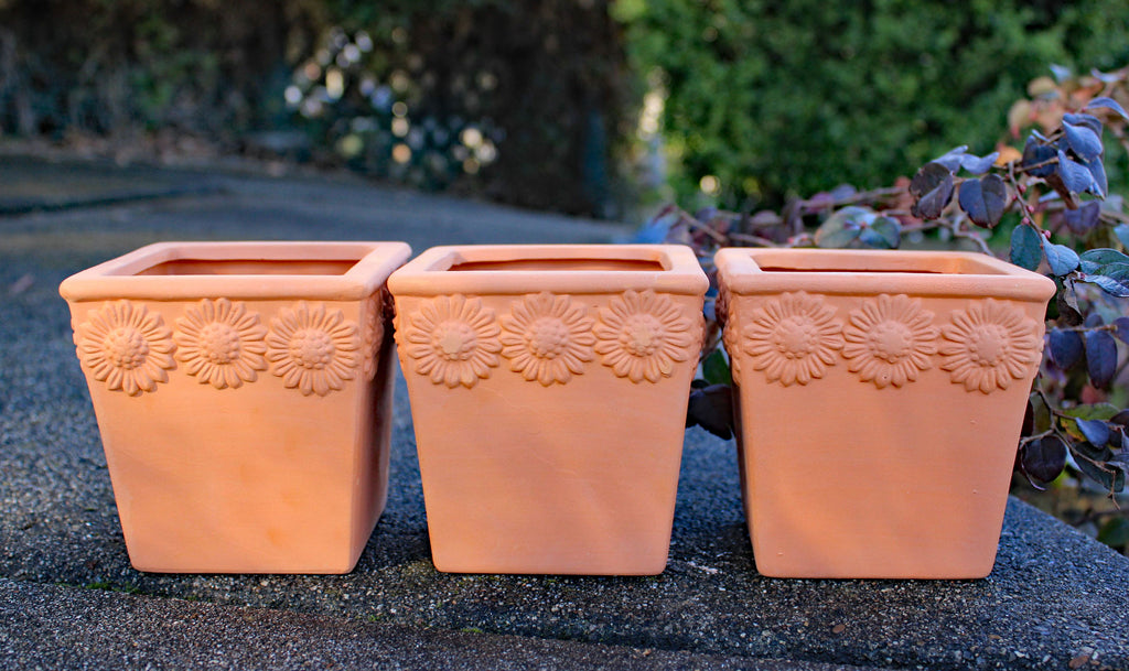 Set of 3 Natural Terra Cotta Flower Embellished Square Shaped Garden Planters with Drain Holes