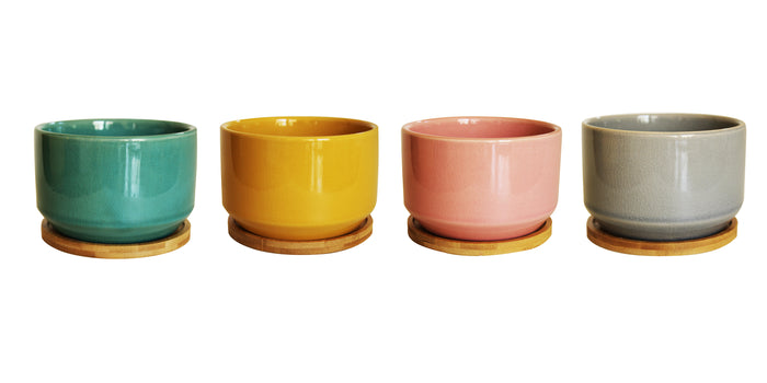 New Set of 4 Multi Colored Ceramic Garden Pots with Individual Trays for Indoor or Outdoor use