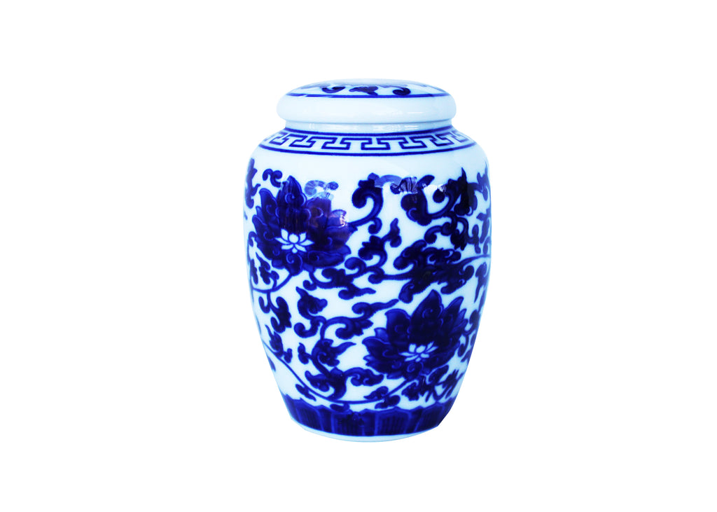 Decorative Blue and White Lotus Pattern Porcelain Tea Storage Container or Display Unit