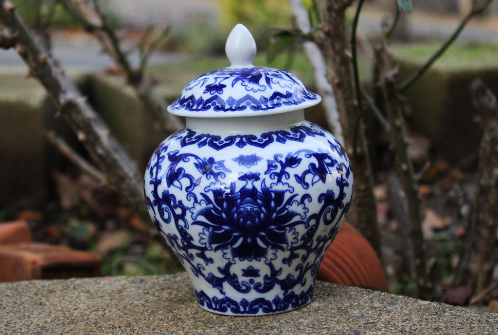 Ancient Blue and White Porcelain Tea Storage Helmet-shaped Temple Jar 2 sizes available