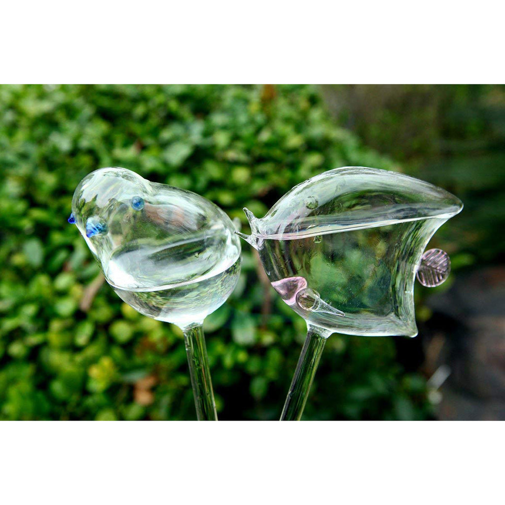 self watering plant glass birds Set of 2 Hand Blown Glass Self Watering Globes Angel Fish and Bird Spikes