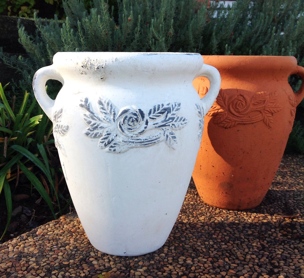 Vintage white Hand Pressed Ancient Stressed Terracotta Round Flower Pot