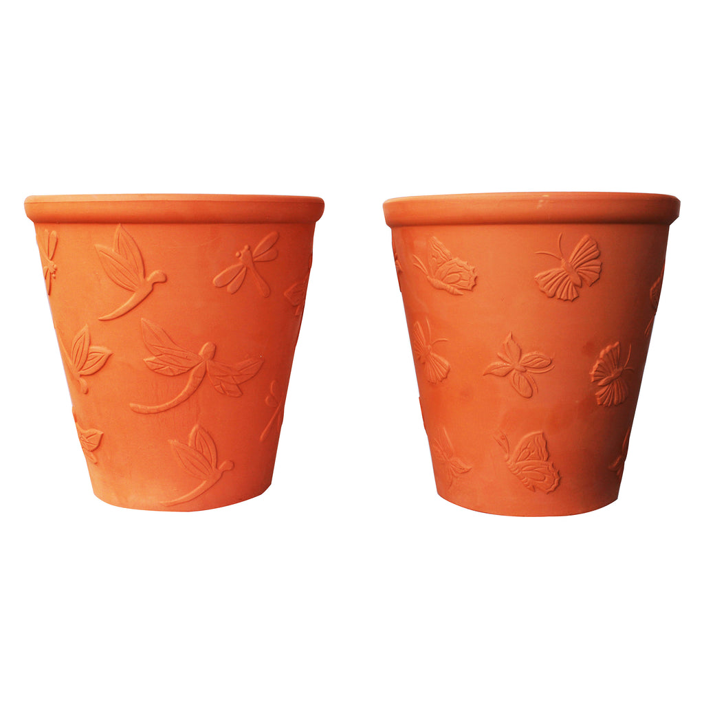 Large Set of 2 Natural Terracotta Garden Pots Butterfly and Dragonfly Embellished