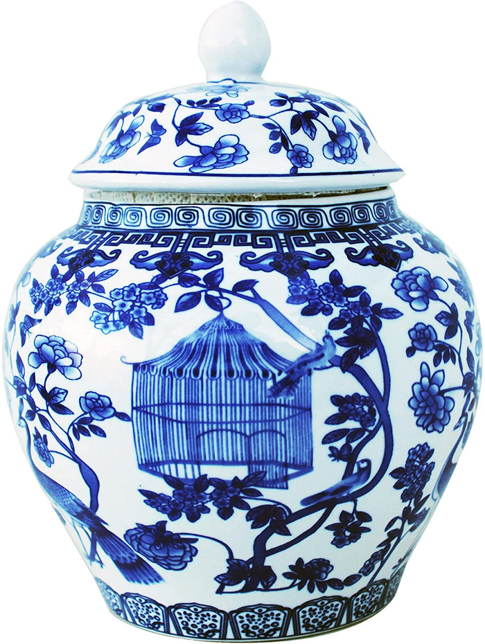 Blue and White Porcelain Decorative Temple Helmet Jar (Peacock with cage)