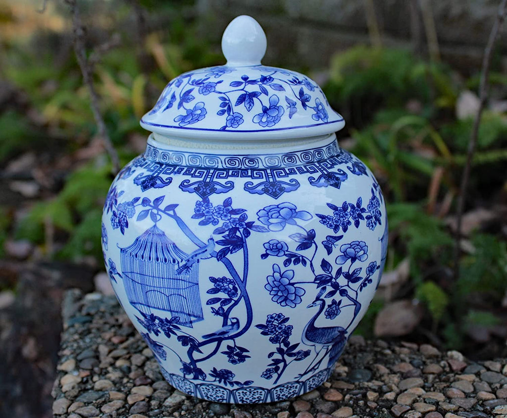 Blue and White Porcelain Decorative Temple Helmet Jar (Peacock with cage)