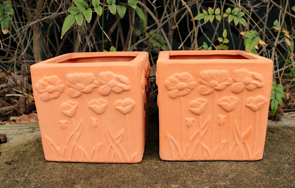 Set of 2 Natural Colored Terracotta Flower Encrusted Square Shaped Planters