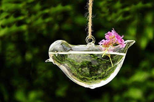 Set of 2 Different Size Hand Blown Glass Bird Shape Hanging Planters or Vases