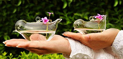 Set of 2 Different Size Hand Blown Glass Bird Shape Hanging Planters or Vases