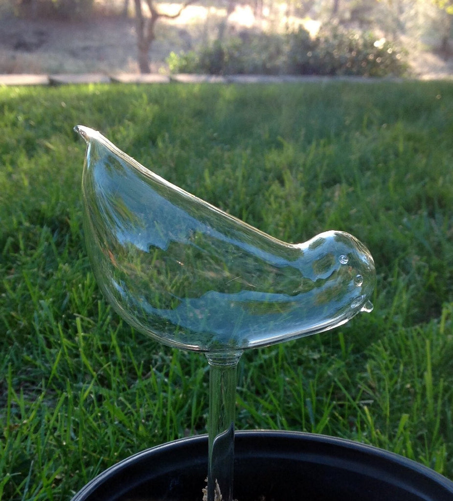 Set of 3 Small Hand Blown Glass Self Watering Globes in Shape of Mushroom, Bird, Snail