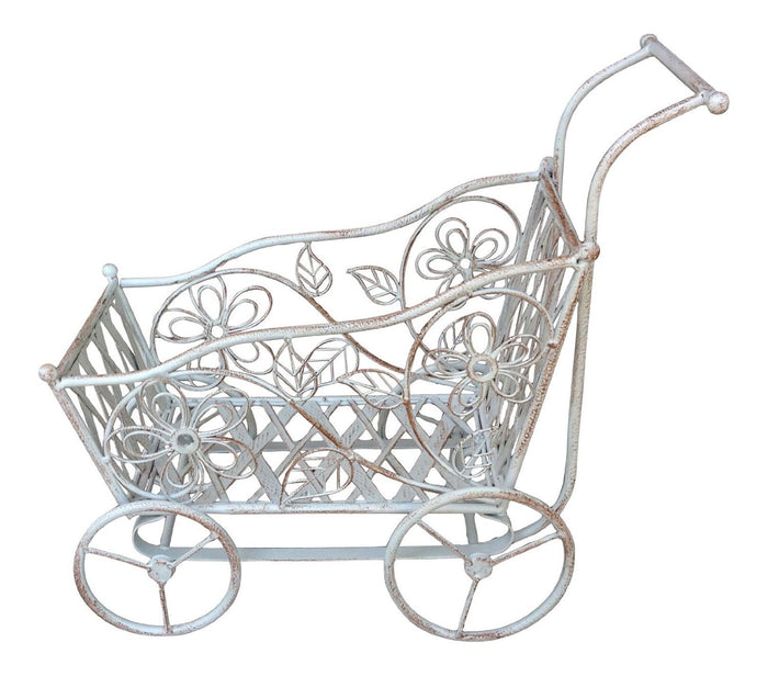 Antique White Carriage Shaped Plant Stand Specially Designed and Handcrafted