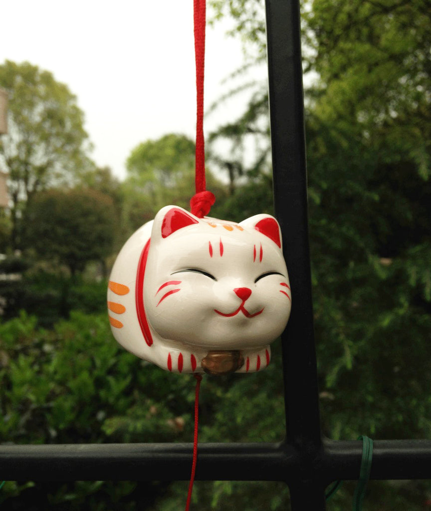 Japanese Hand Painted Ceramic 'Maneki Neko' Lucky Cat Wind Bell