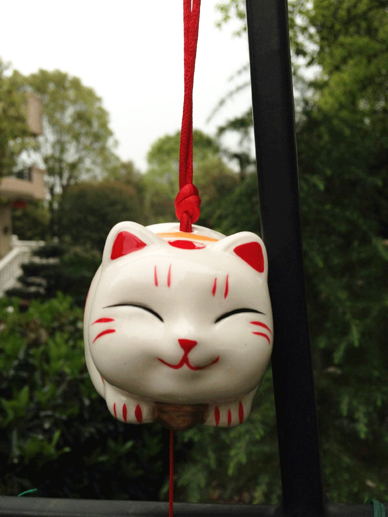 Japanese Hand Painted Ceramic 'Maneki Neko' Lucky Cat Wind Bell