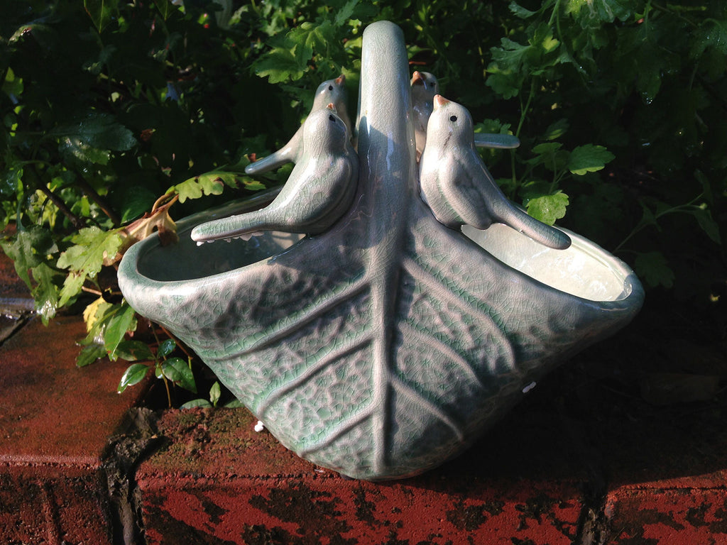 Lovely Ceramic Leaf Design Flower Basket or Planter with 4 Perched Birds