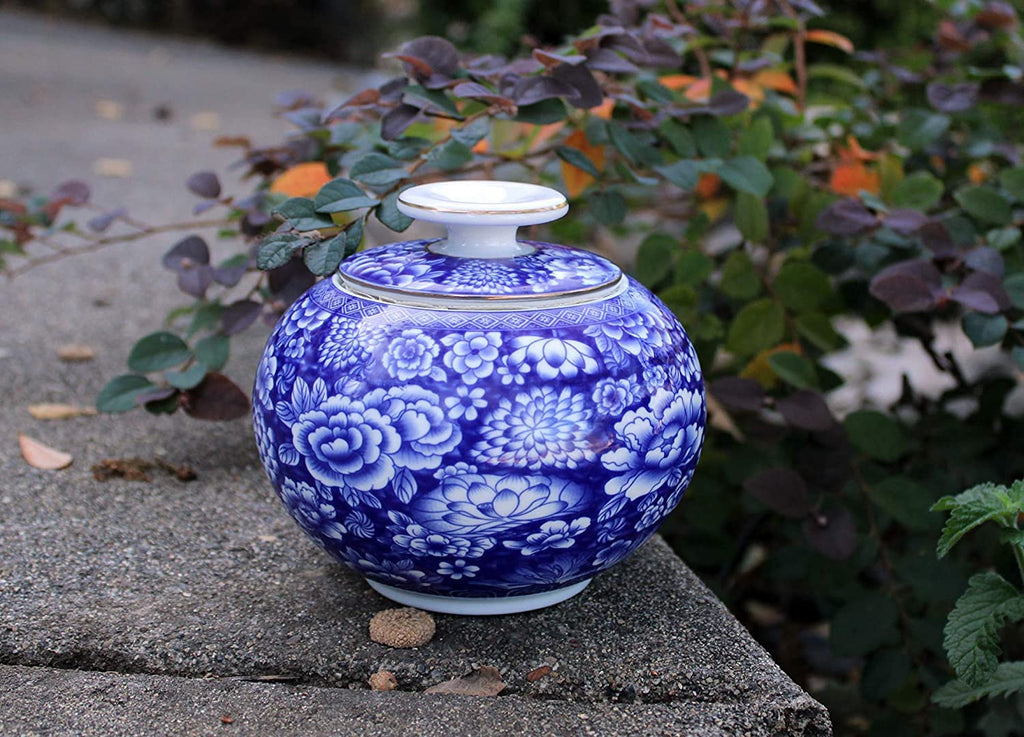 Beautiful Blue and White Porcelain Decorative Globe Shaped Floral Container or Jar