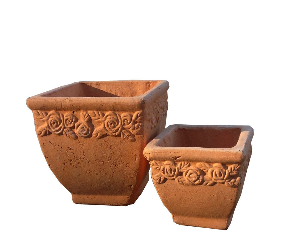 Set of 2  Hand Pressed Different Sized Ancient Stressed Terracotta Square Planter