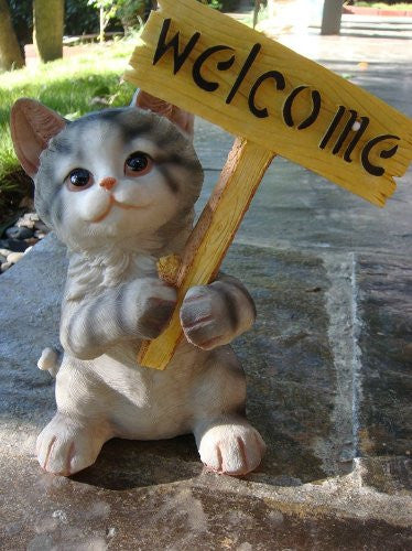Decorative Kitten with Welcome Plaque Sculpture Statue