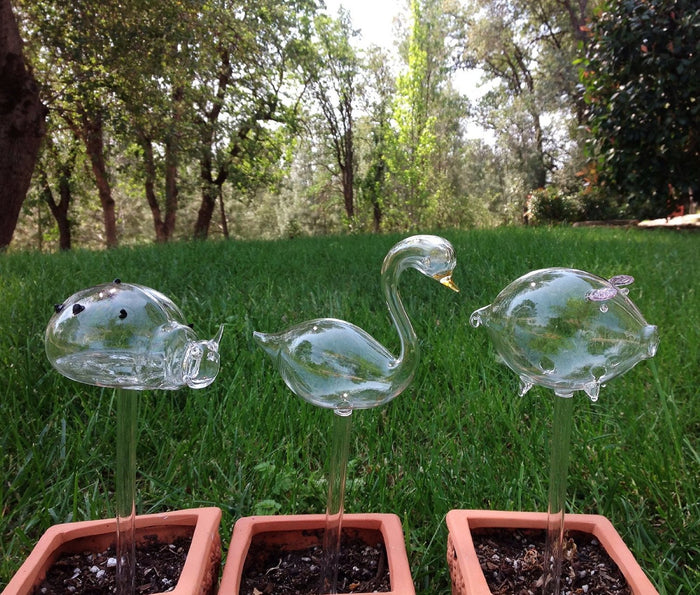 Set of 3 Small Hand Blown Glass Self Watering Globes Ladybug, Swan and Pig