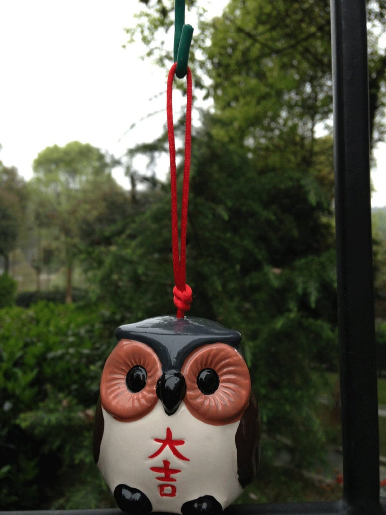 Ceramic Hand Painted Japanese Lucky 'Fukuroh' Owl Wind Bell