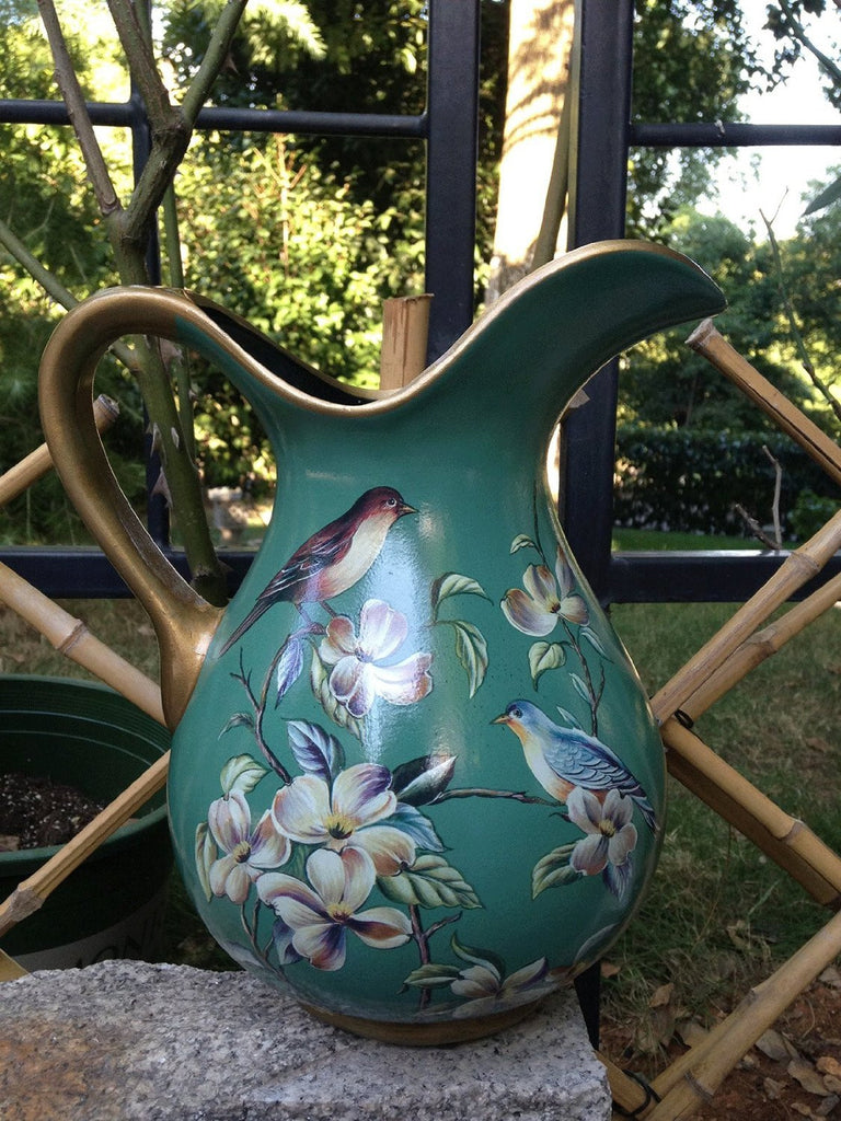 Ceramic Decorative Beautiful Vintage Green Curved Pitcher or Vase